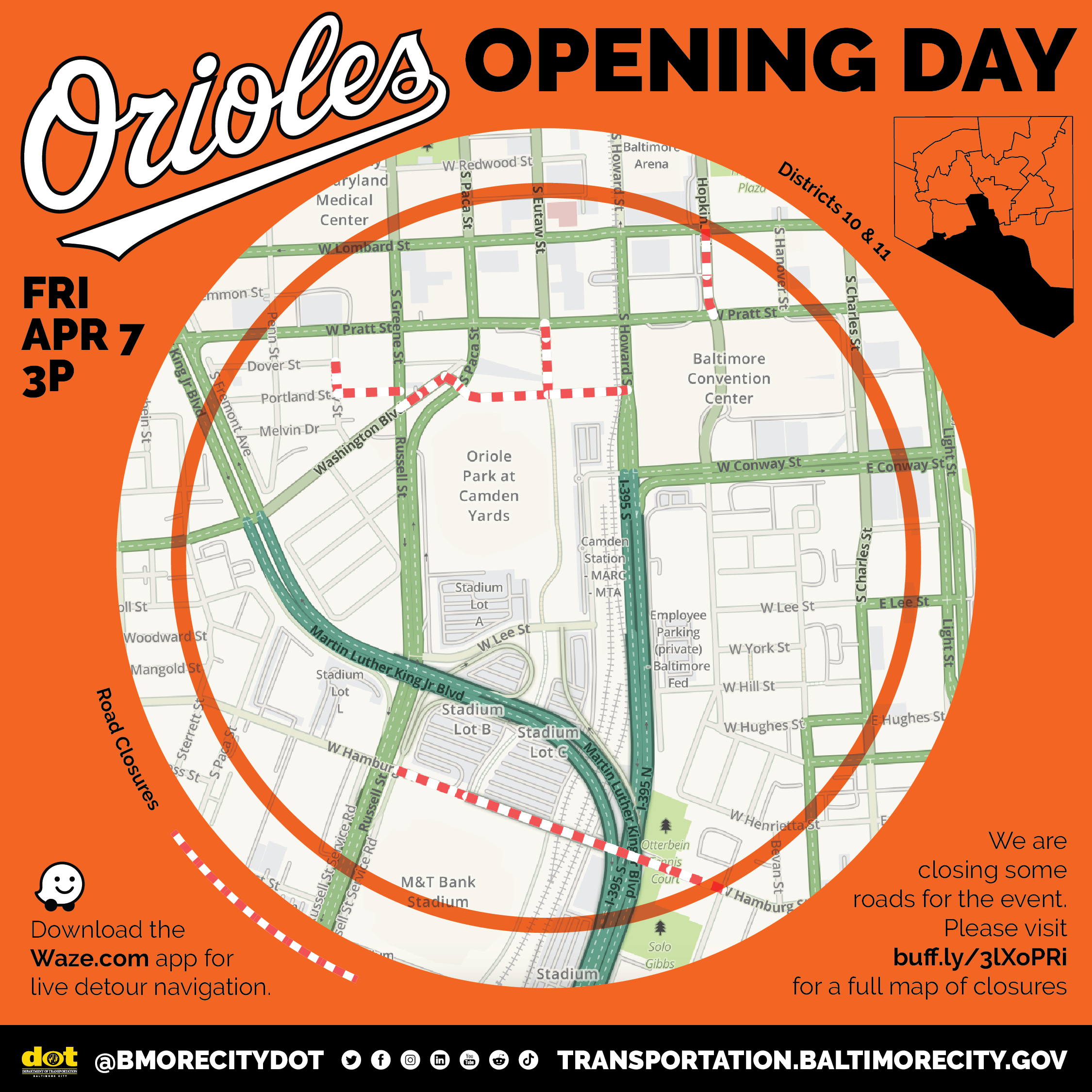 Map of road closures for the Baltimore Orioles Opening Day on April 7, 2023